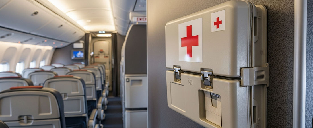 Plano detalle de la zona de la cocina (galley) de un avión, mostrando la puerta de un compartimento con el símbolo de un botiquín de primeros auxilios